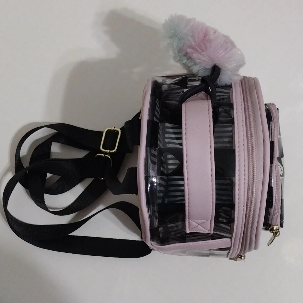 Luv Betsey Betsey Johnson Clear Checkered Mini Backpack Pink Y2K Pom Pom Purse